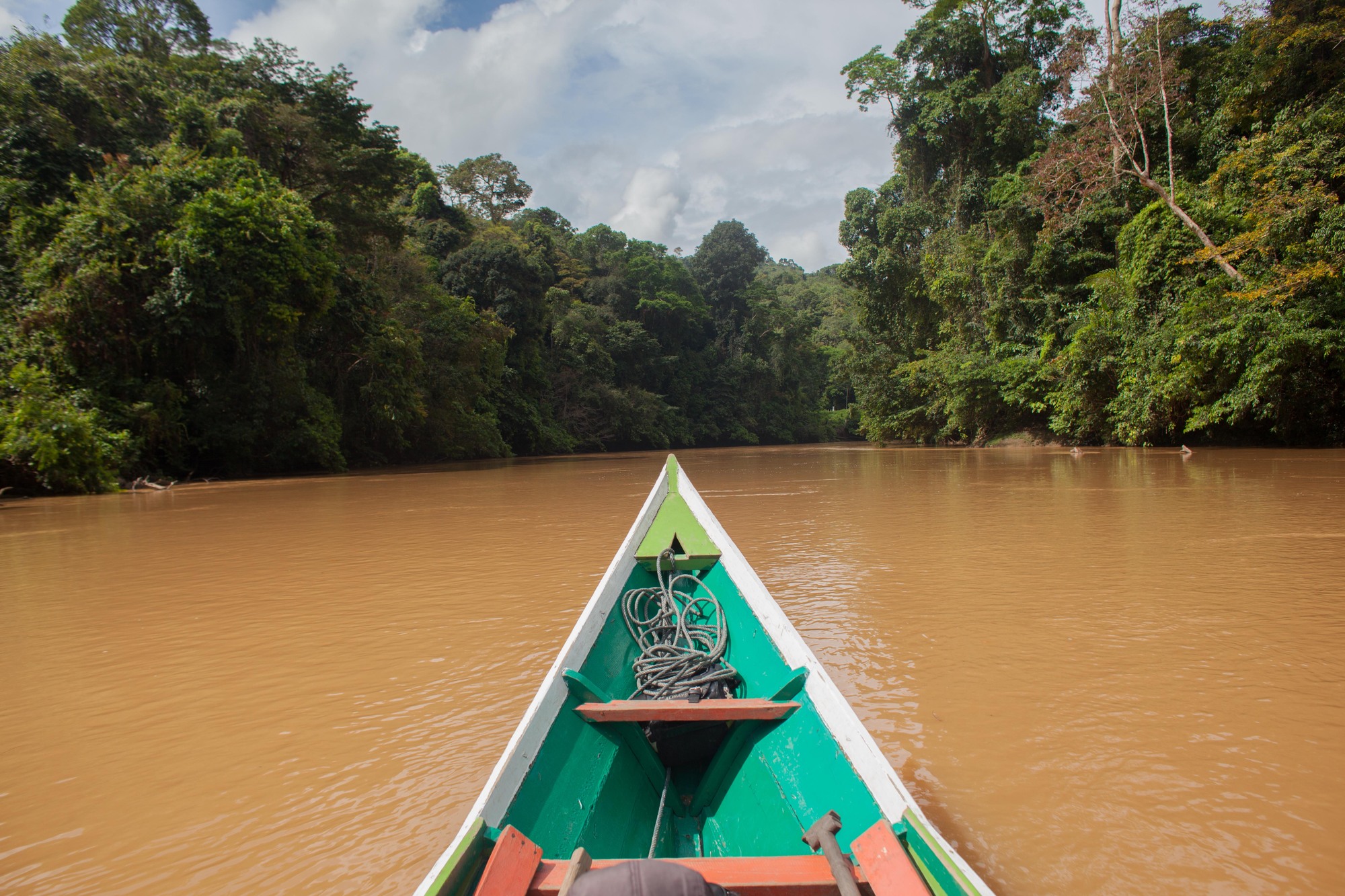 a front view of a long boat on a river
