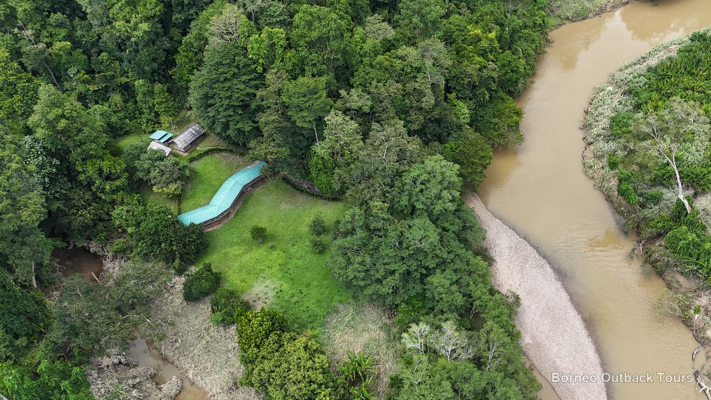 Aerial view of a riverside camp in the Sapulot rainforest, Orou Sapulot, Sabah